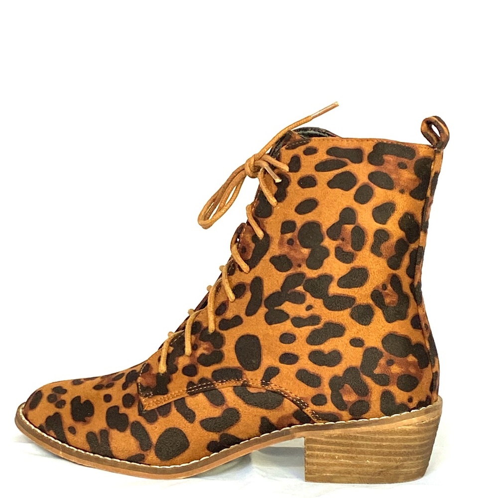 Leopard print brown/black combat military boot - raised wooden heel, side zip